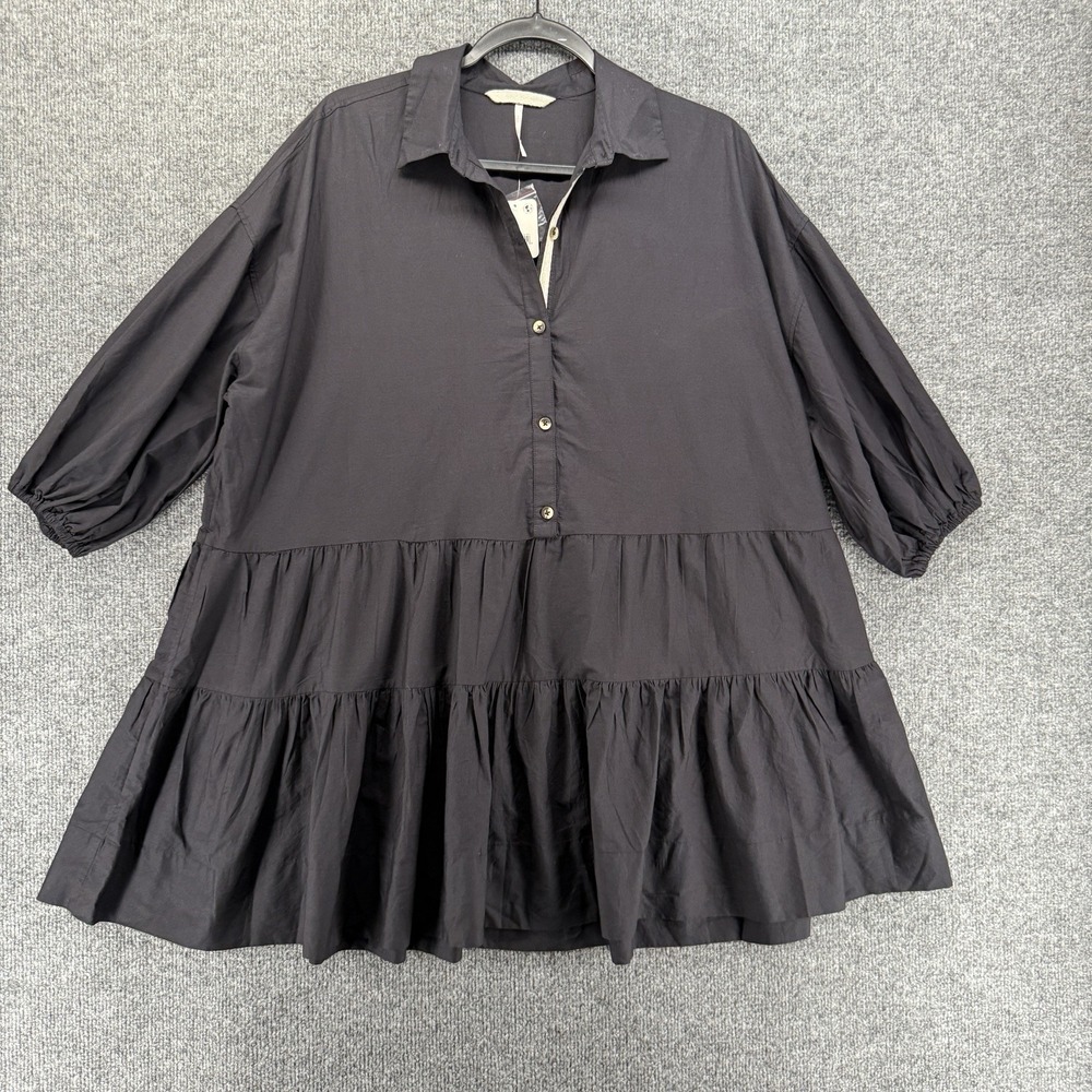 Free People Dress Womens XS Black Collared Babydoll Mini Oversize Boho Cottage